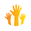Orange icon of three hands reaching up